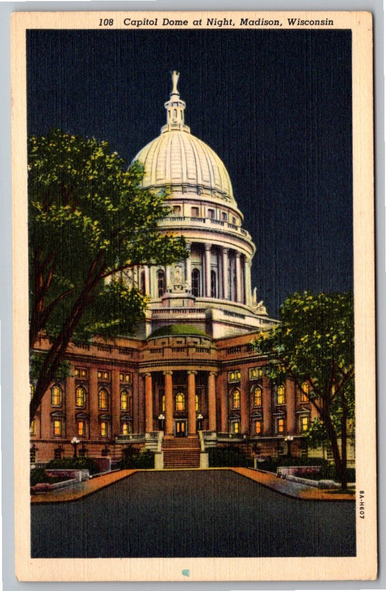Vintage 1938 Madison Wisconsin Capitol Dome Night Postcard