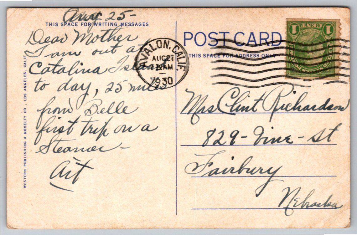 Vintage 1930 Avalon Bay & Wrigley Gardens Catalina Island - Back / Reverse View