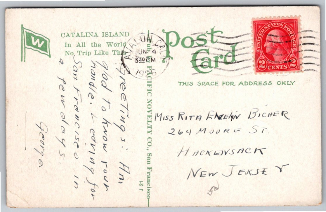 Antique 1926 Catalina Island Flying Fish Postcard: Avalon, CA - Back / Reverse View