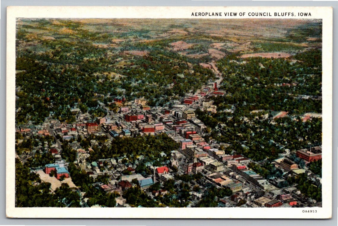 Vintage 1940 Aeroplane View of Council Bluffs Iowa Linen Postcard