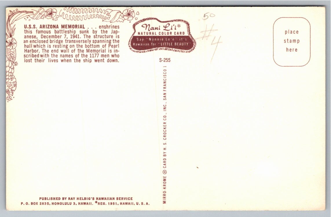 Vintage U.S.S. Arizona Memorial Pearl Harbor Hawaii Postcard - Back / Reverse View