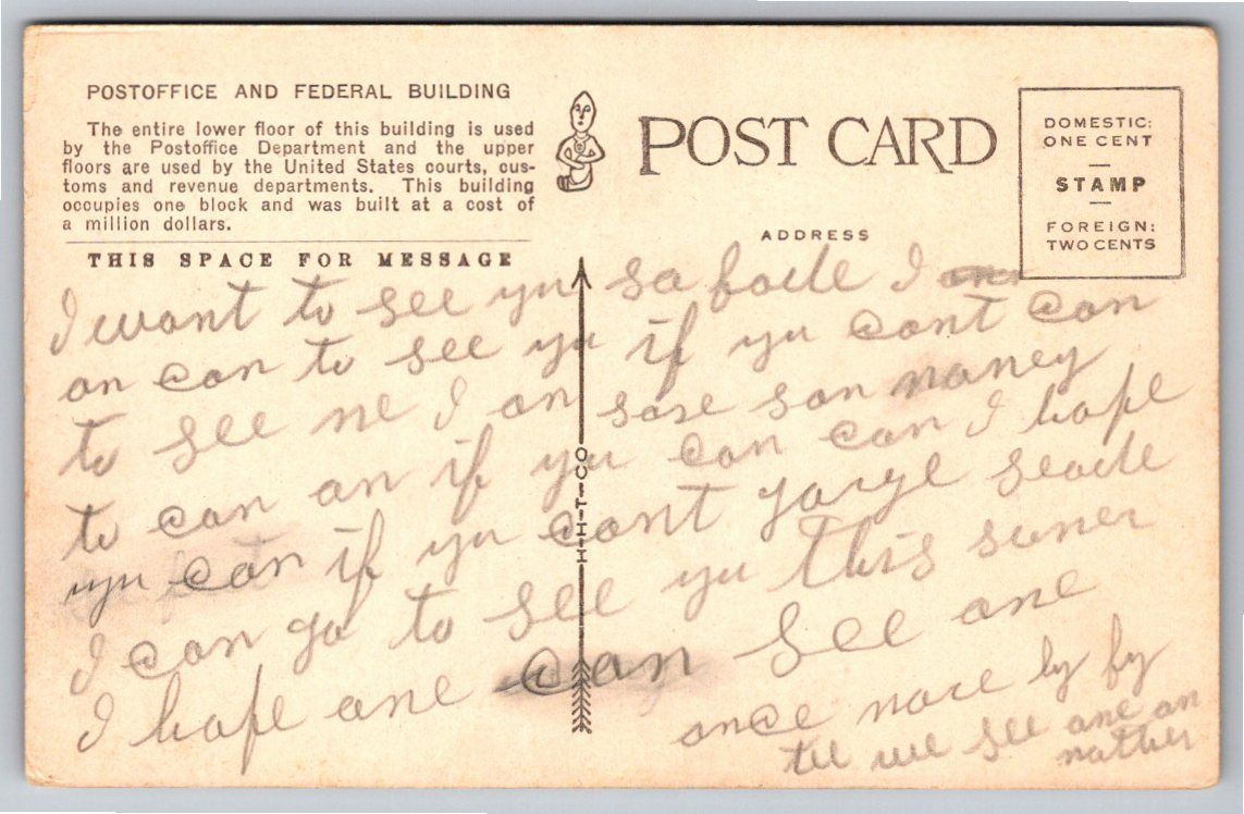 Antique 1900s Los Angeles Federal Building Post Office Postcard - Back / Reverse View