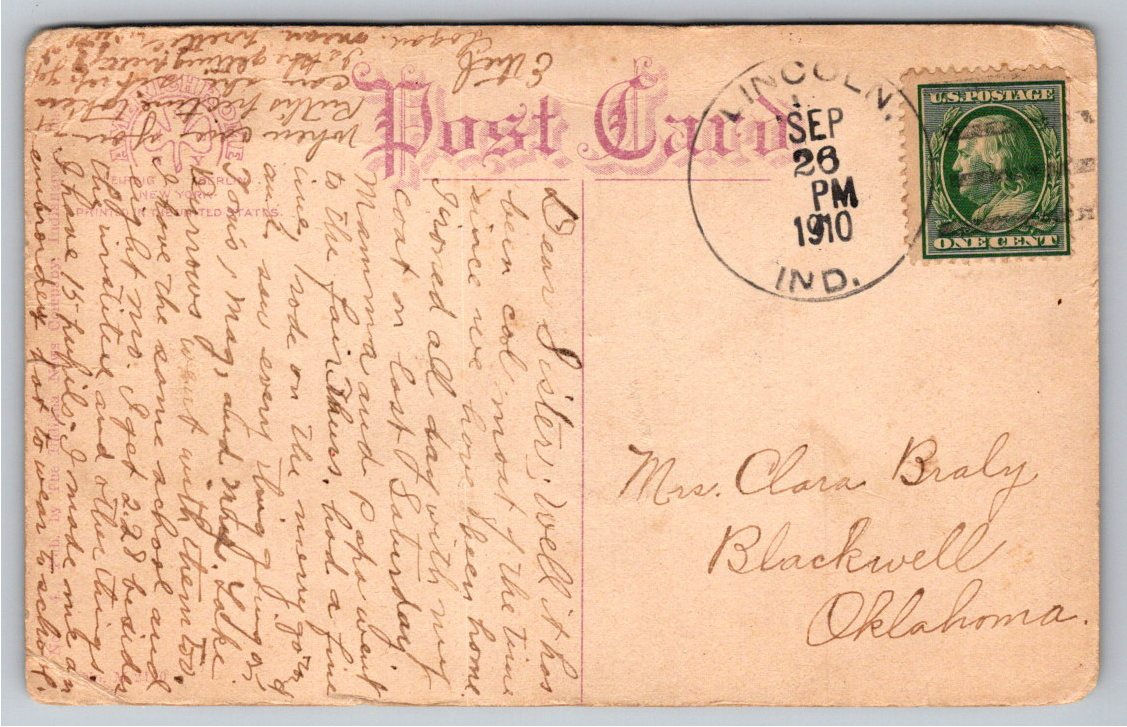 1910 Indianapolis Federal Building & Streetcar Vintage Postcard - Back / Reverse View