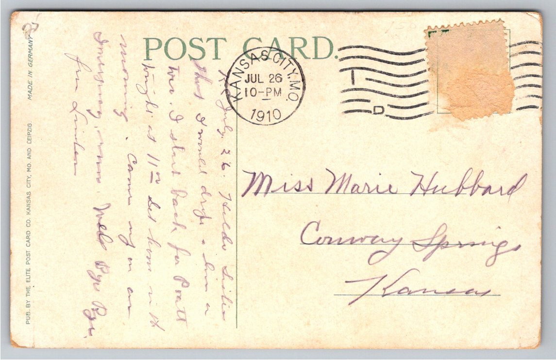 1910 Gladstone Blvd Postcard: Scarritt Point, Kansas City - Back / Reverse View