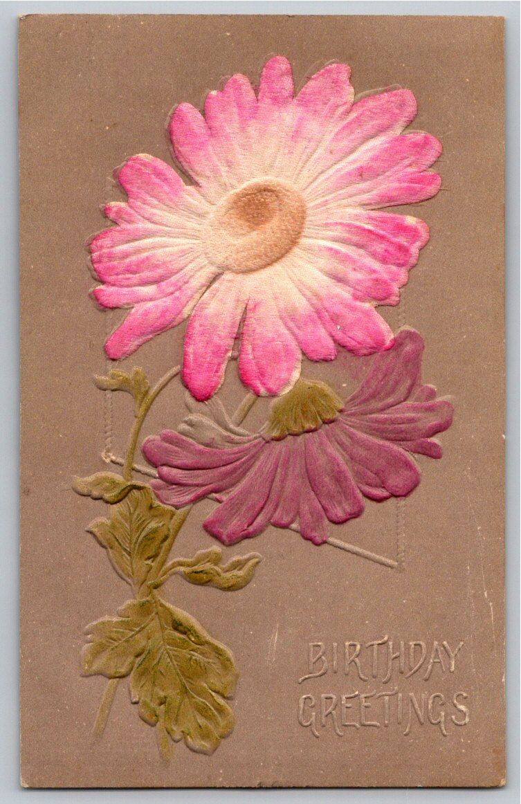 1910 Embossed Pink Floral Birthday Greetings Vintage Austrian