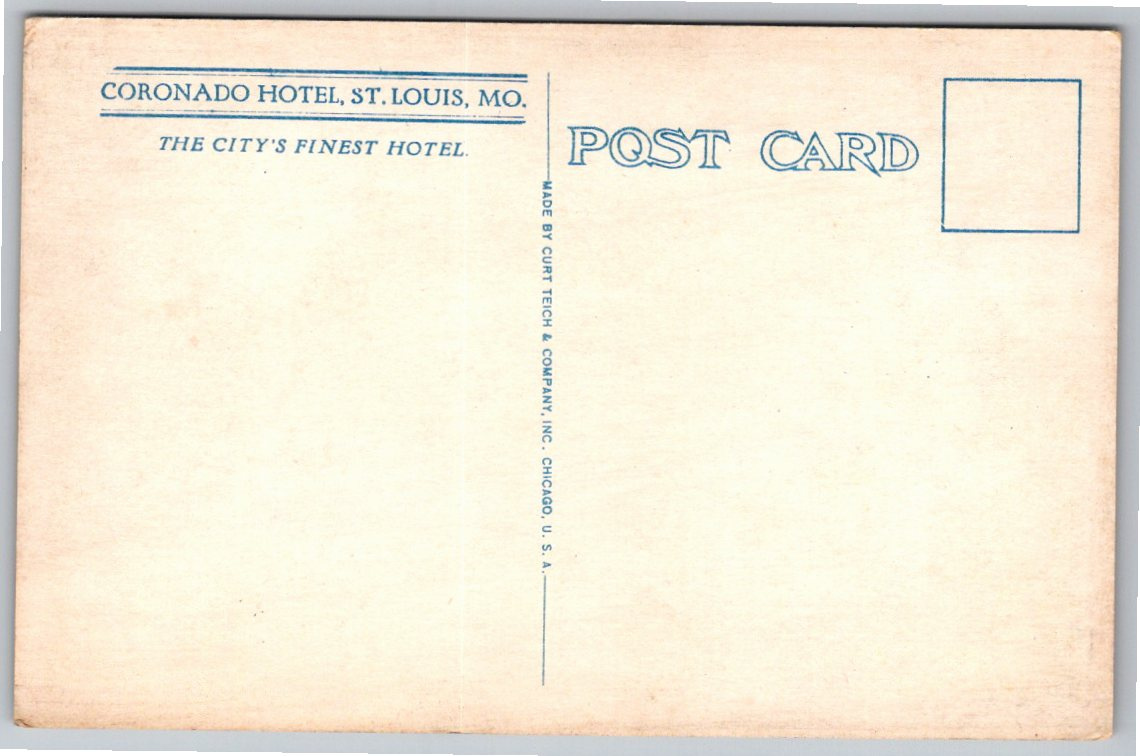 Vintage 1920s Coronado Hotel St. Louis MO Postcard | Curt Teich - Angle / View 2