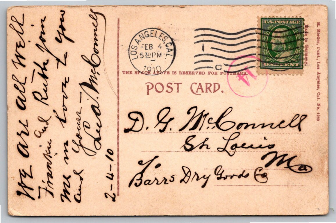 1910 Antique Postcard Busch Gardens Estate Pasadena California - Back / Reverse View