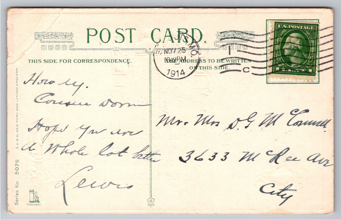 Antique 1914 Thanksgiving Postcard: Pilgrim Family Dinner & Poem - Back / Reverse View