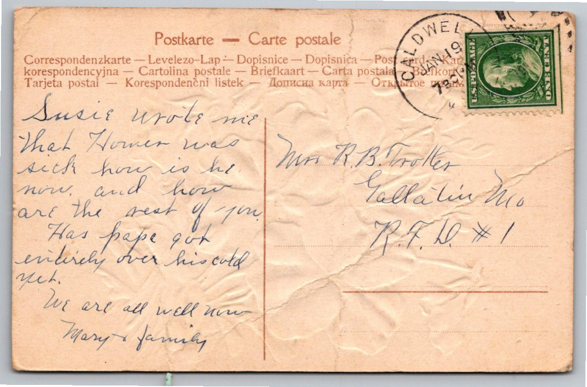 Antique 1911 Embossed Pansy Floral Postcard Caldwell Missouri - Back / Reverse View