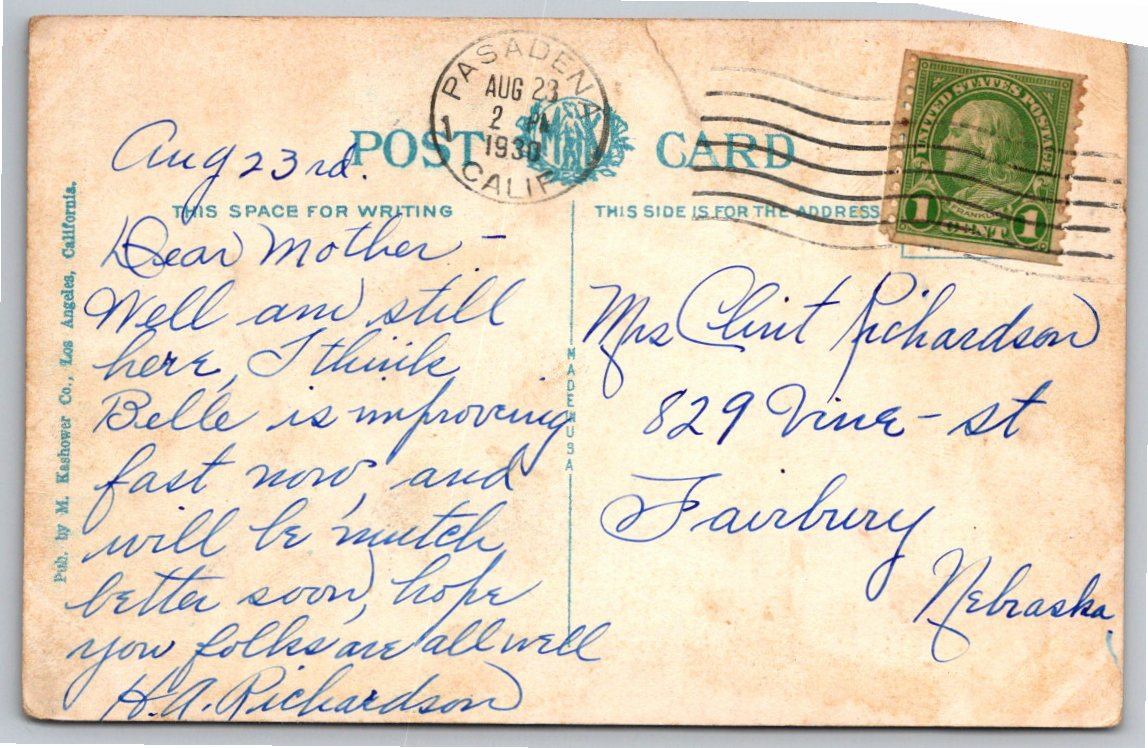 Vintage 1930 Long Beach Flower Garden & Swimming Pool Postcard - Back / Reverse View