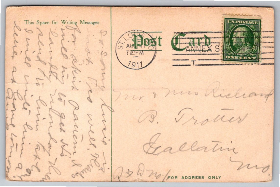 1911 Maryland Hotel Postcard: St. Louis Missouri Interior View - Back / Reverse View