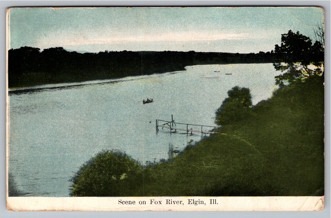 Vintage 1911 Fox River Elgin Illinois Postcard | Riverfront View