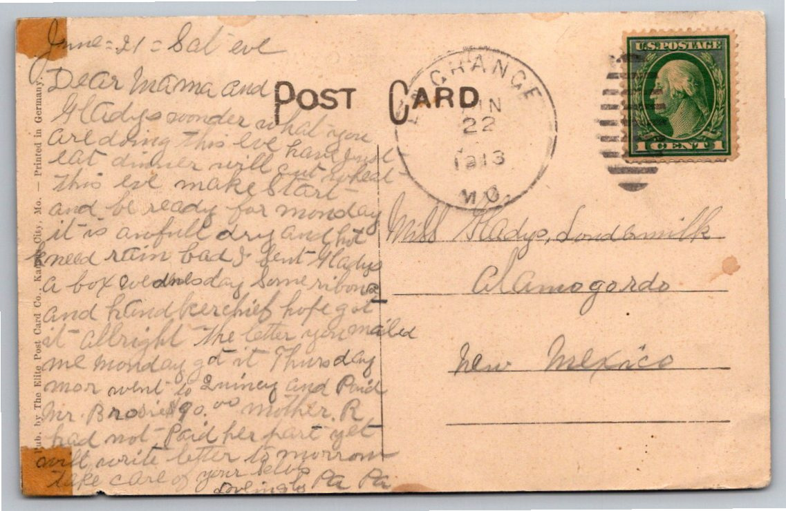 Vintage 1913 Victor Building Kansas City Missouri Street Scene - Back / Reverse View