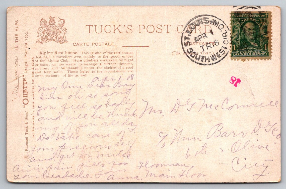 1908 Antique Alpine Rest-House Tuck Oilette Postcard - Alps - Back / Reverse View