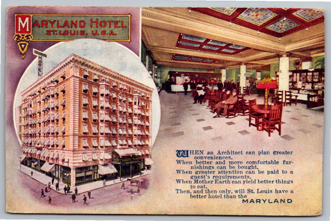 1911 Maryland Hotel Postcard: St. Louis Missouri Interior View