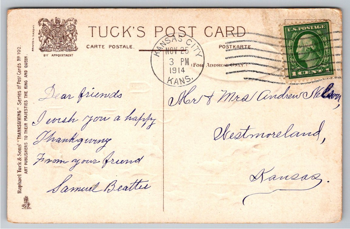 Antique 1914 Raphael Tuck Thanksgiving Postcard: Friendship & - Back / Reverse View