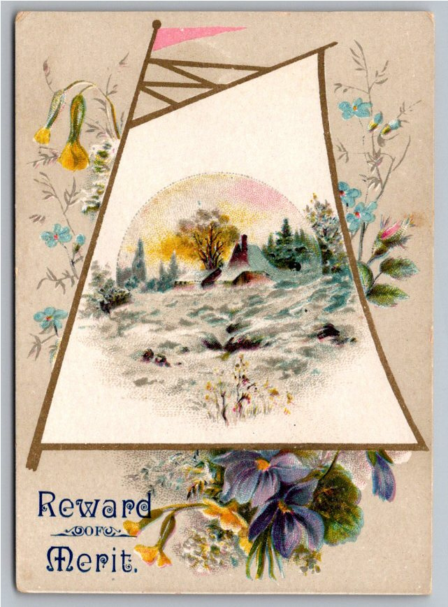 Victorian Reward of Merit Card with Winter Cottage