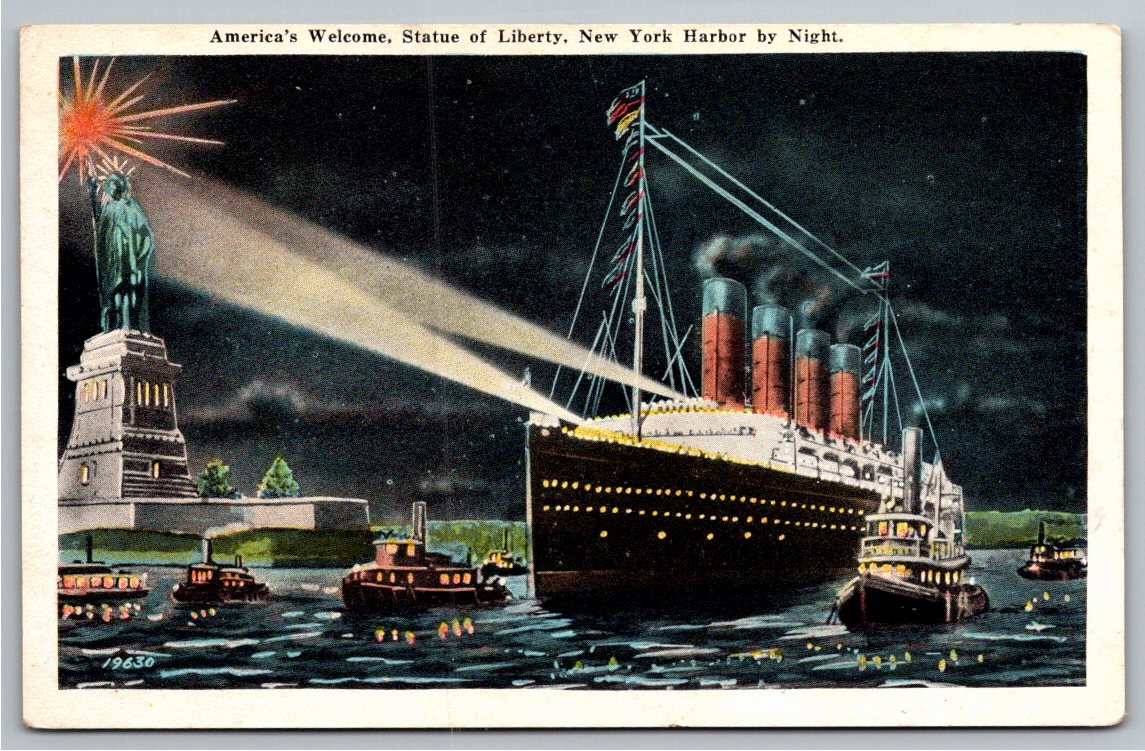 Vintage 1910s Statue of Liberty & Ocean Liner NYC Harbor Postcard
