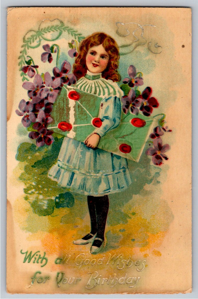 1915 Antique Birthday Postcard: Embossed Girl with Violets &