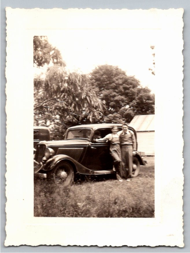 Vintage 1930s Snapshot: Couple with 1933-1934 Ford Automobile