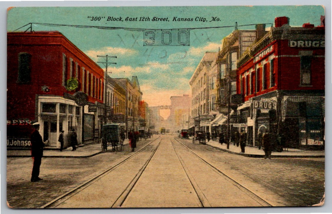1913 Kansas City Streetcar Postcard 300 Block East 12th Street MO