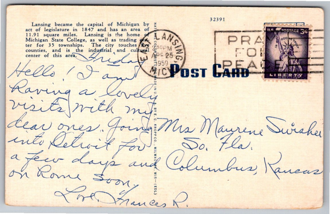 Vintage Lansing Michigan Capitol & Michigan Ave Linen Postcard - Back / Reverse View