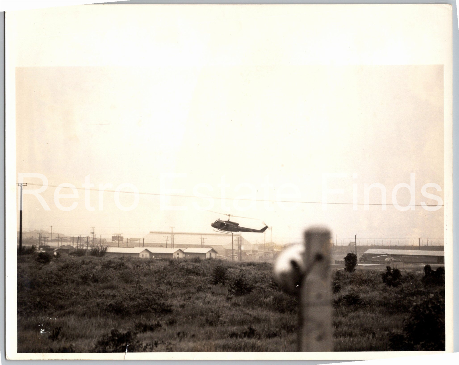 Vintage 1960s UH-1 Huey Helicopter Military Airbase B&W Photo