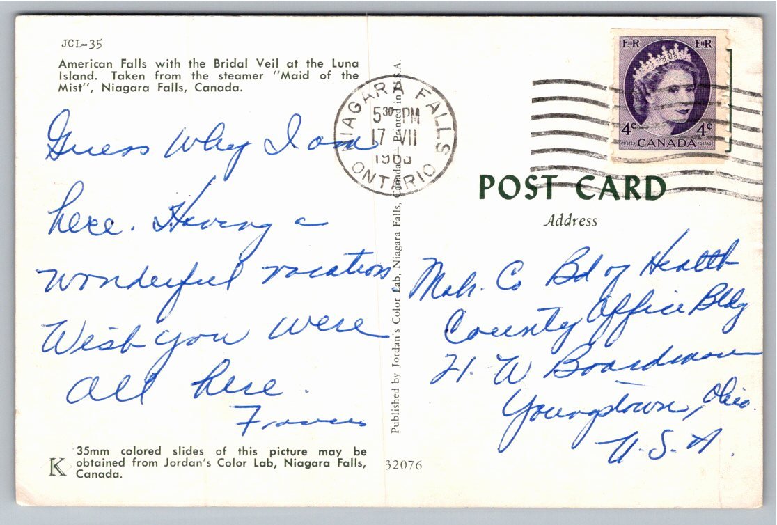 Vintage 1963 Niagara Falls Postcard: Maid of the Mist Excursion - Back / Reverse View