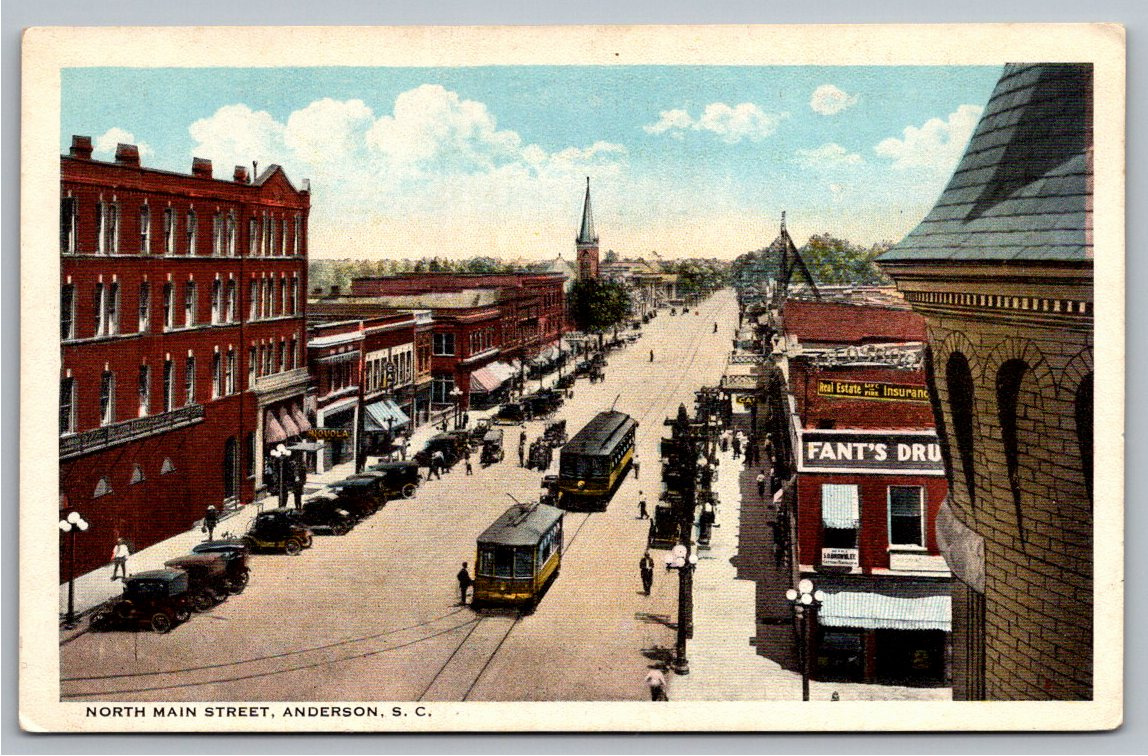 Vintage 1910s Trolley Cars North Main Street Anderson SC Postcard