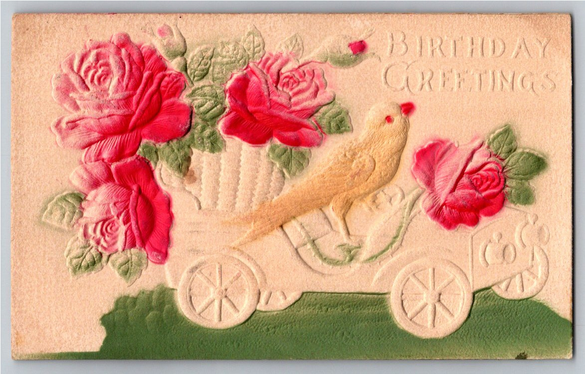 1909 Vintage Embossed Birthday Postcard: Antique Car & Roses