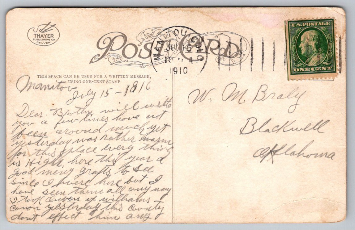 1910 Anvil Rock Postcard: Monument Park near Colorado Springs - Back / Reverse View