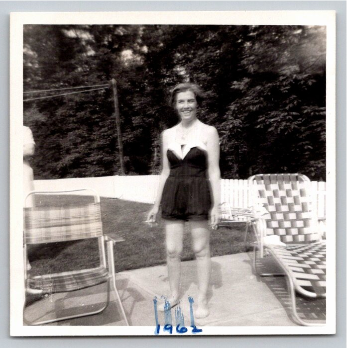 Vintage 1962 Black and White Snapshot: Woman in Swimsuit in