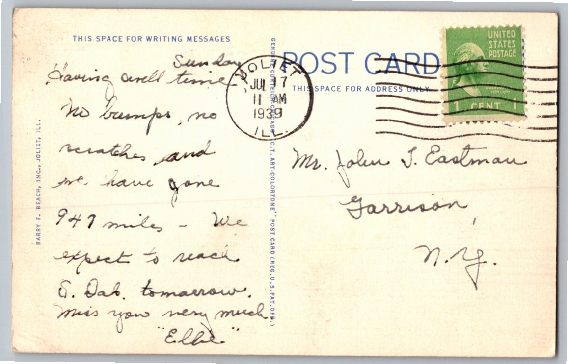 Vintage 1938 Joliet Illinois Chicago Street Courthouse Linen - Back / Reverse View