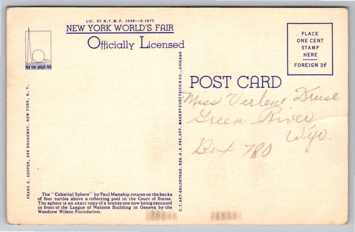 1939 New York Worlds Fair Celestial Sphere Postcard | Paul - Back / Reverse View
