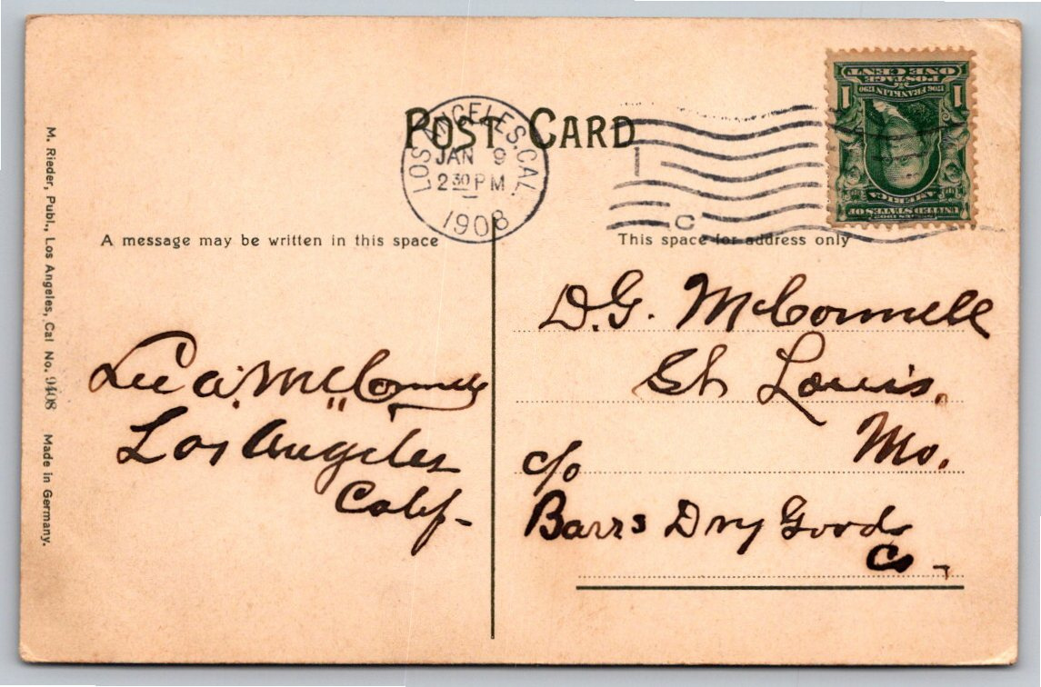 1908 Los Angeles Pigeon Farm Postcard: Historic M. Rieder Color - Back / Reverse View