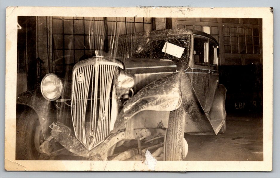 1933 Studebaker Auto Wreck Garage Photo: Vintage B&W Snapshot