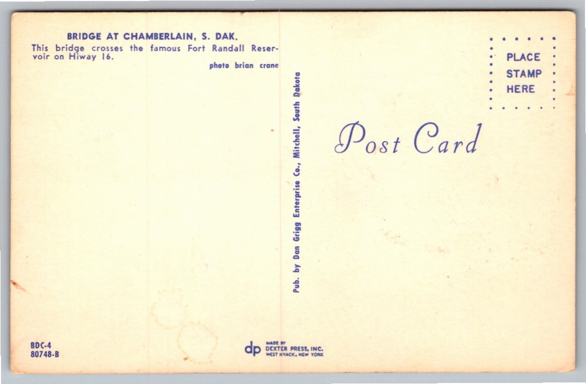 Chamberlain Bridge South Dakota Postcard: Fort Randall Reservoir - Back / Reverse View