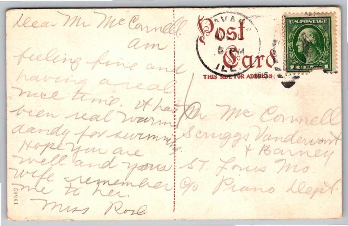 1915 Quiver Beach Postcard: Havana, Illinois River Waterfront - Back / Reverse View