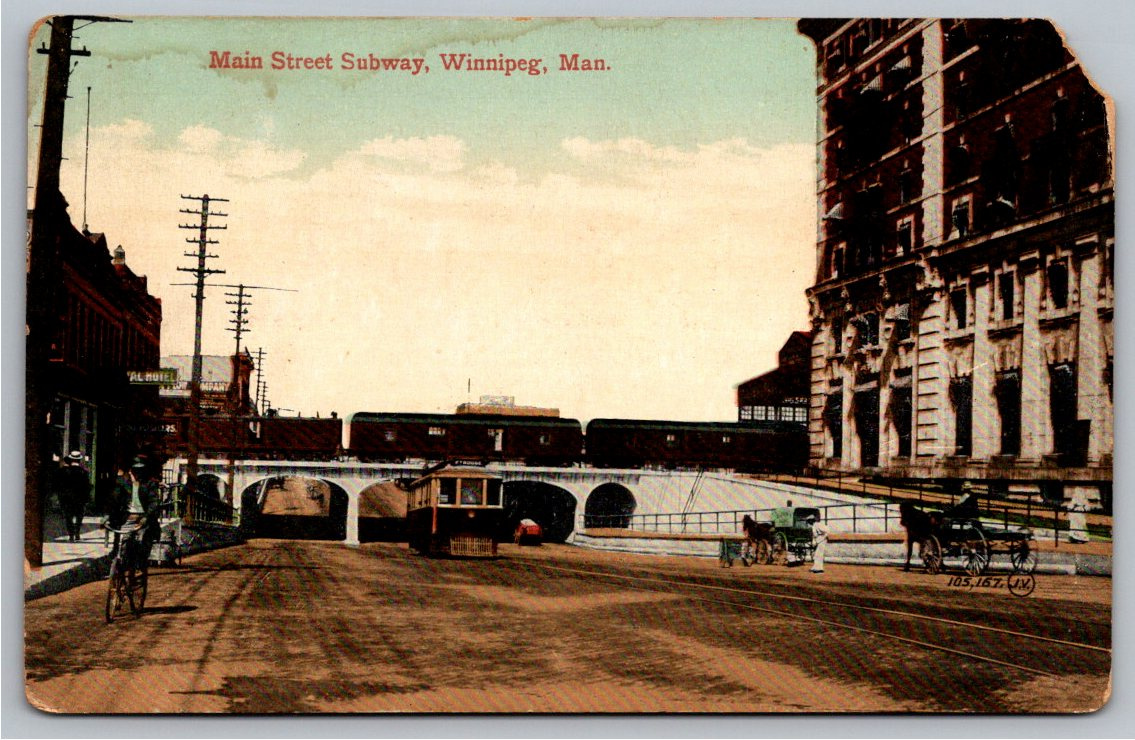Vintage c. 1910s Winnipeg Postcard: Main Street Subway & Transit