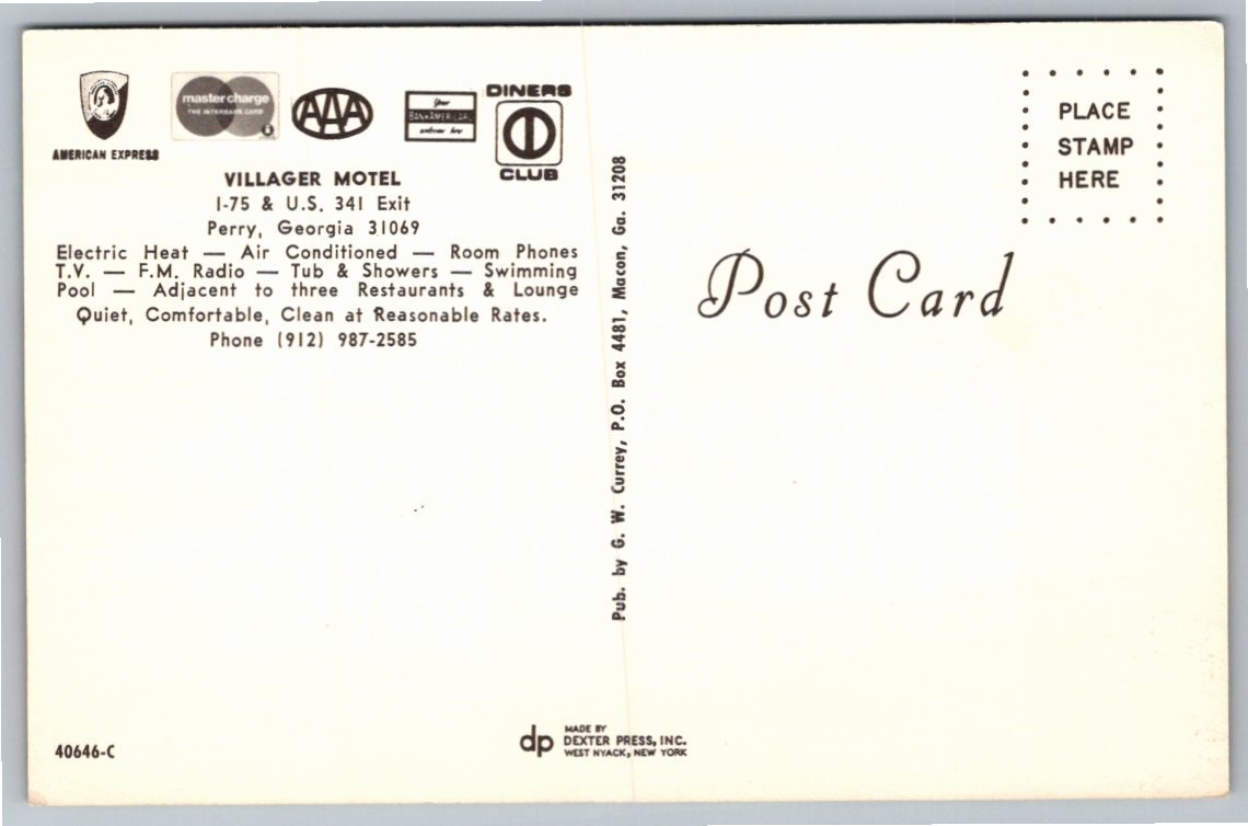 Vintage Perry Georgia Villager Motel Postcard | I-75 Dexter Press - Back / Reverse View
