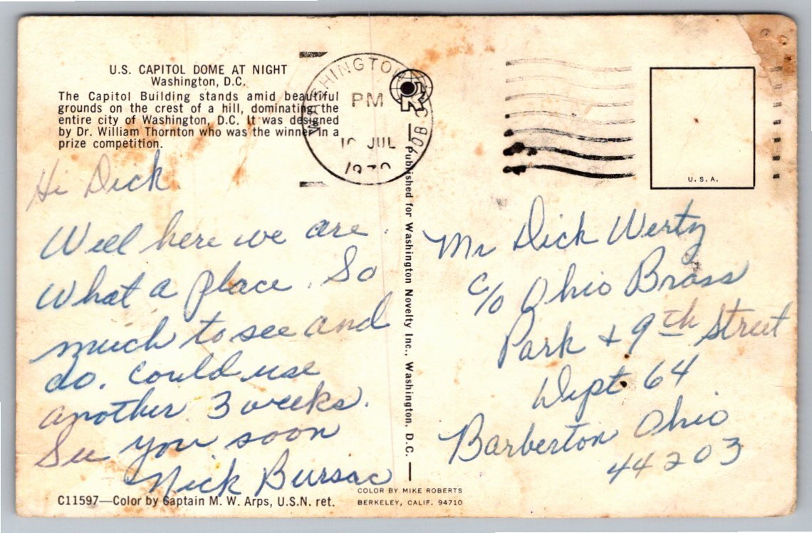 Vintage 1970 US Capitol Dome at Night Washington DC Postcard - Back / Reverse View