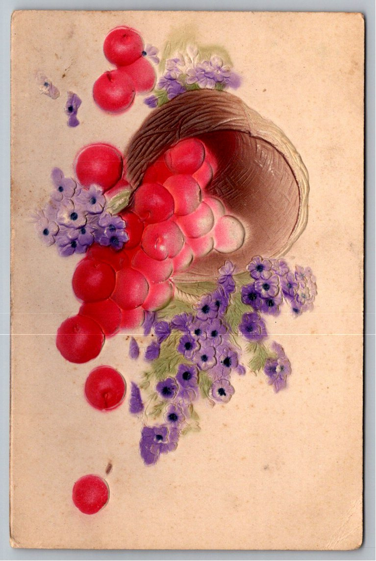 1909 Embossed German Floral Postcard: Fruit Basket & Violets