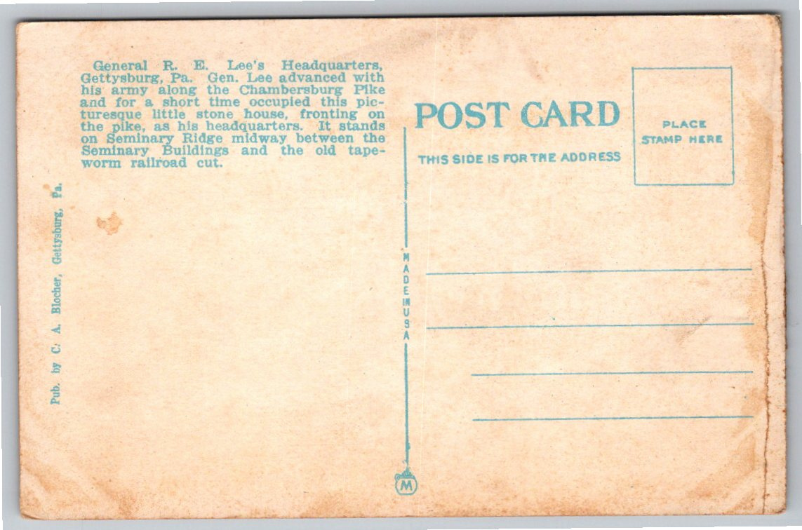 1920s General Robert E. Lee Gettysburg Headquarters Postcard - Back / Reverse View