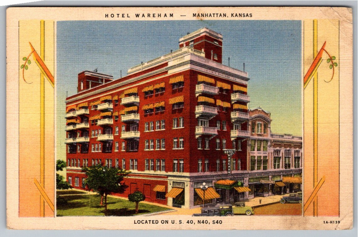 Vintage 1936 Hotel Wareham Postcard Manhattan Kansas US Route 40