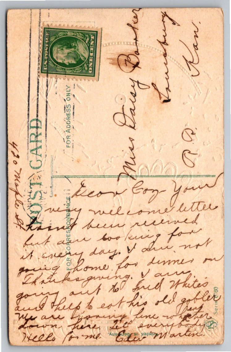 Antique 1910s Embossed Thanksgiving Postcard: Turkey & Sailing - Back / Reverse View