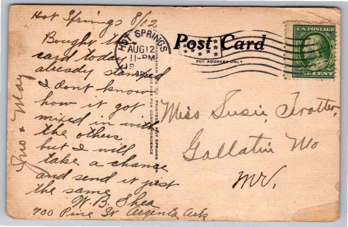 1912 Moody Hotel and Bath House Hot Springs Arkansas Postcard - Back / Reverse View