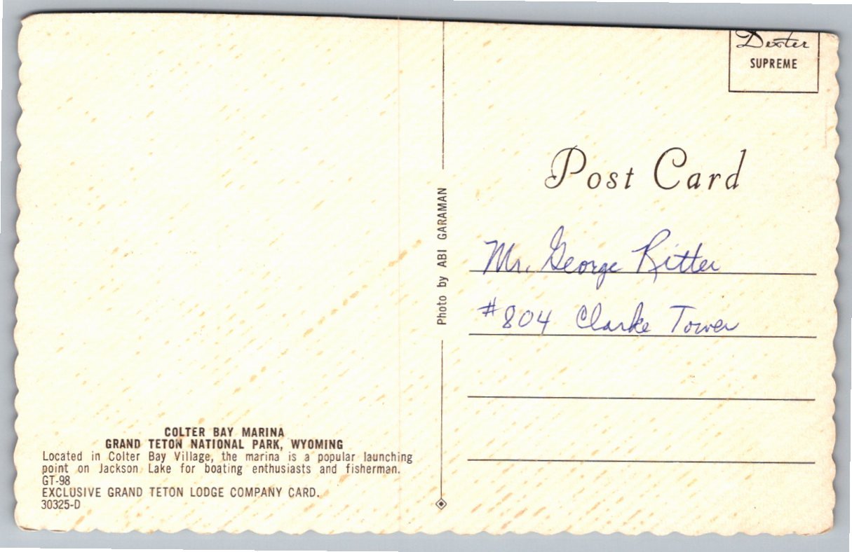 Vintage Colter Bay Marina Postcard: Grand Teton National Park - Back / Reverse View