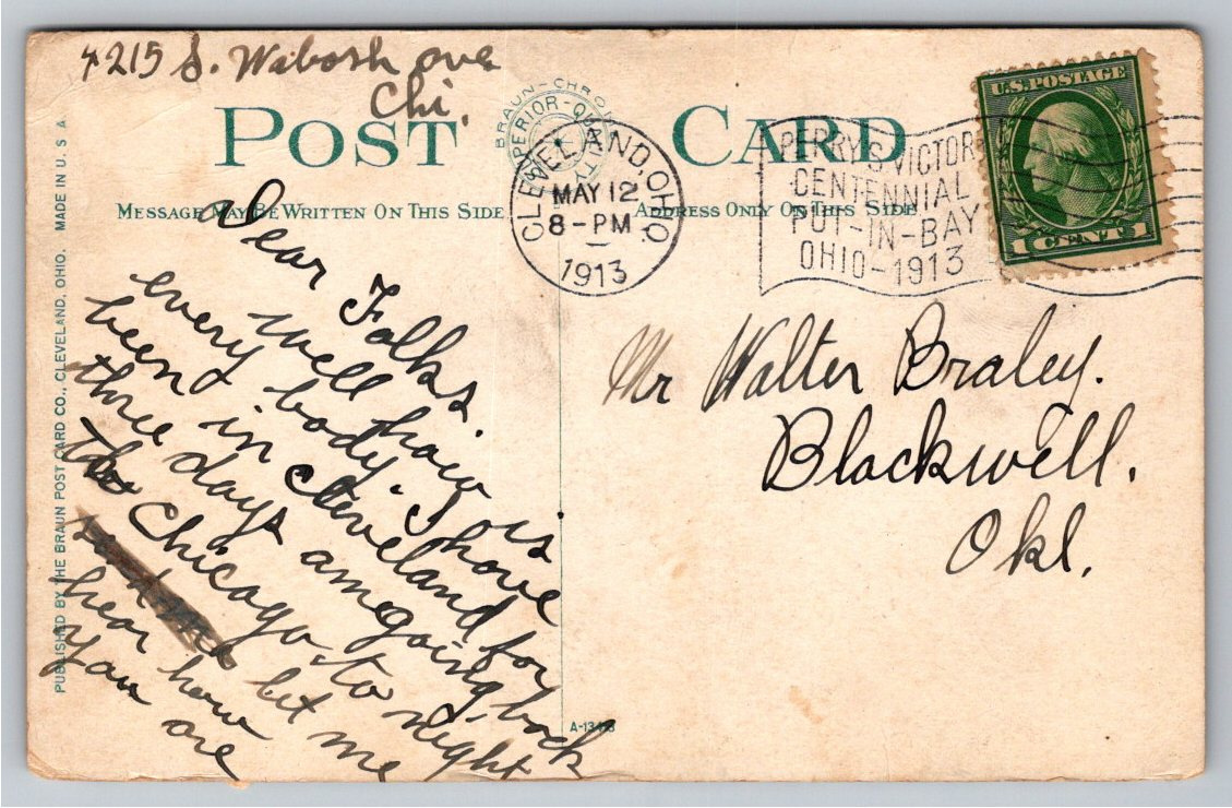 1913 Cleveland Ohio Public Square Postcard: Trolleys & Sixth City - Back / Reverse View