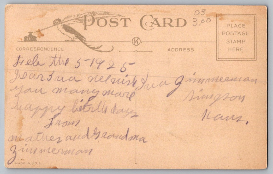 1925 Art Deco Vintage Postcard: Young Girl in Blue Dress & Red - Back / Reverse View