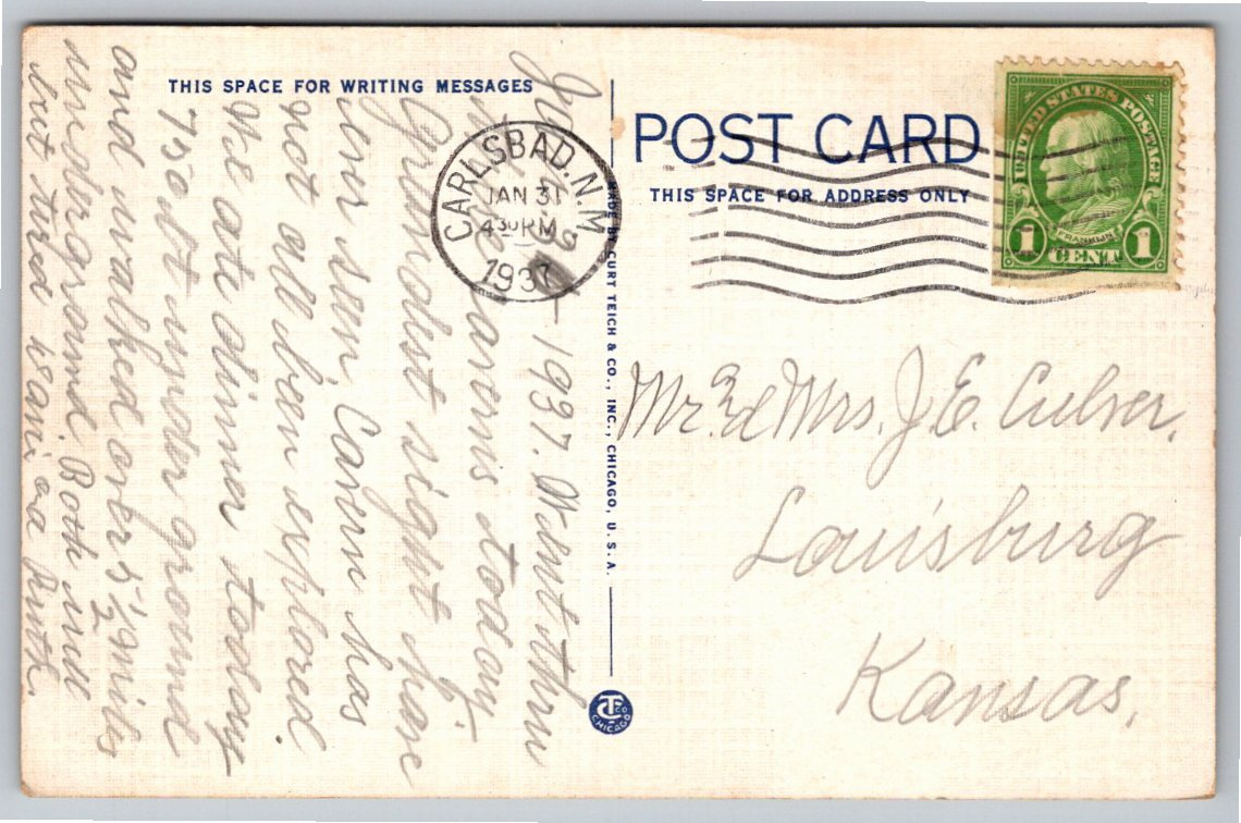 1937 Carlsbad Caverns Vintage Postcard: Texas Trail Overhanging - Back / Reverse View